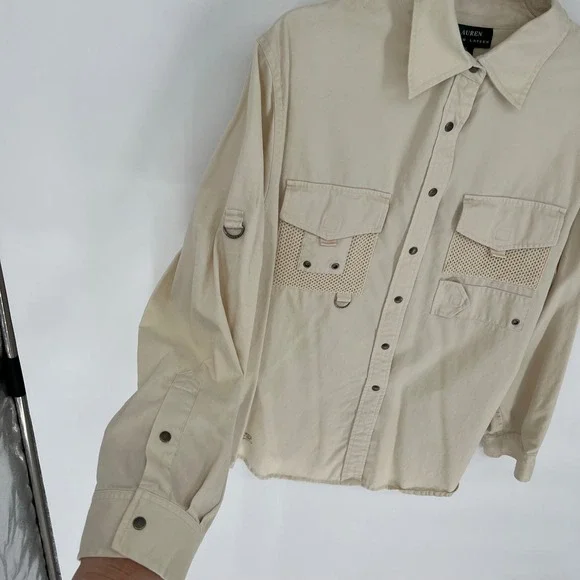 LAUREN Ralph Lauren Utility Shirt Women 2X Tan Cotton Twill Mesh Safari Pockets - Picture 7 of 15